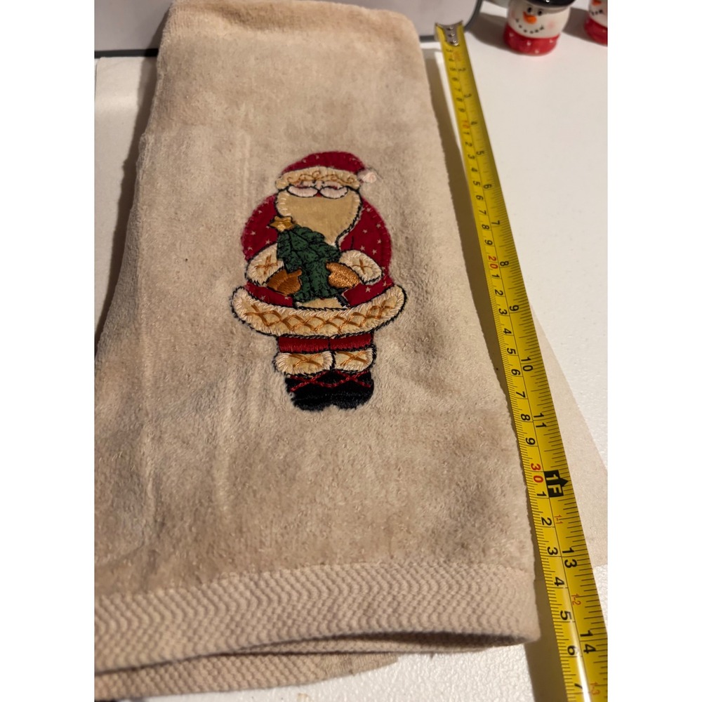 Vintage Christmas Hand Towel Embroidered Santa Claus Beige Cotton Made in USA